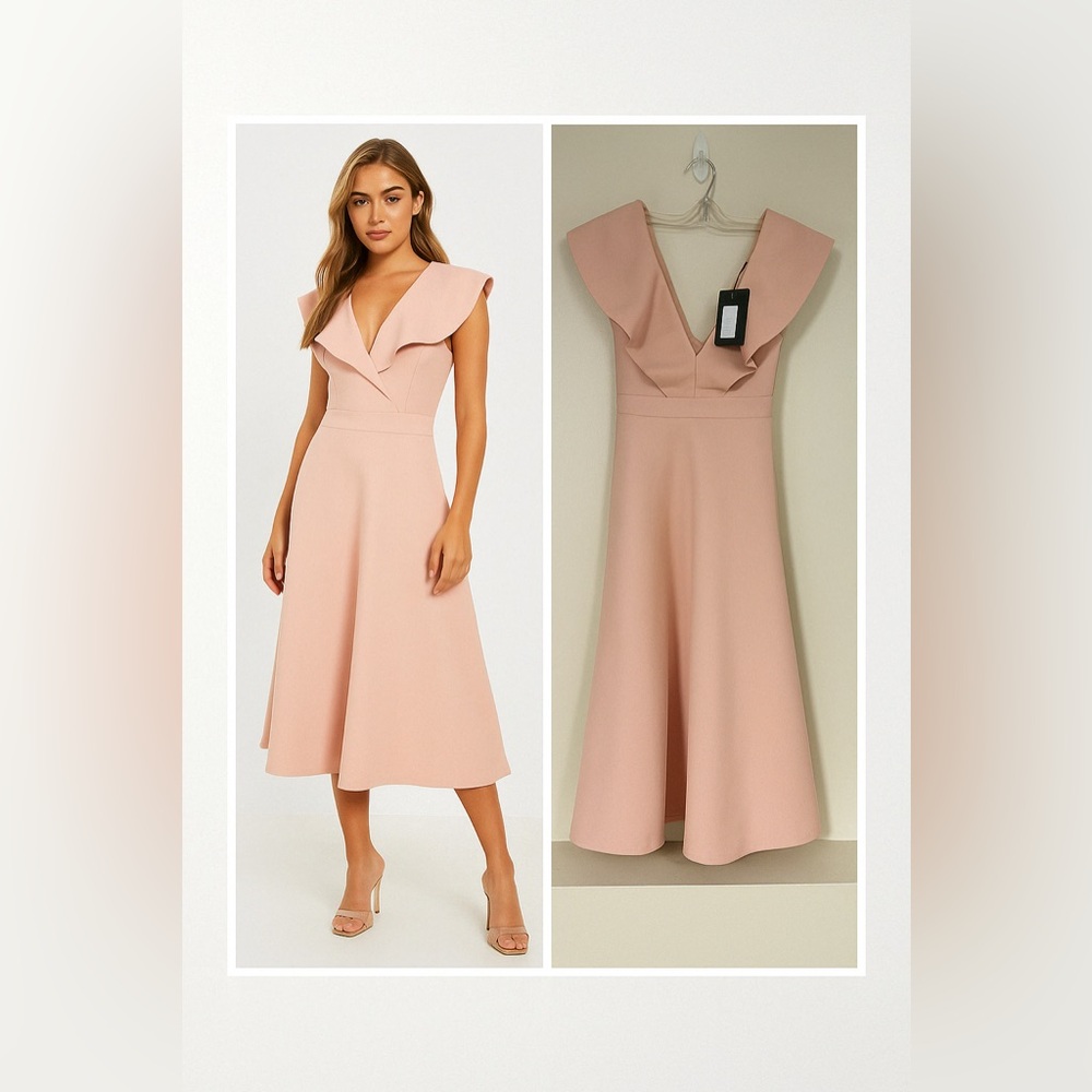 Nude Bonded Scuba Plunge Ruffle Skater Midi Dress
